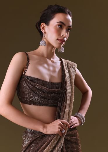 Brown Pre Stitched Saree With Cowl Blouse