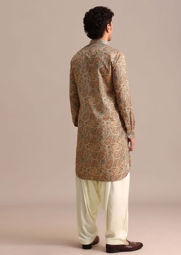 Brown Printed Mens Kurta Patiala Set