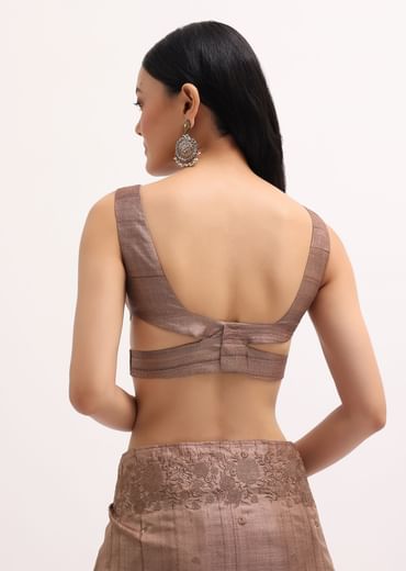 Brown Resham Work Tussar Saree With Unstitched Blouse