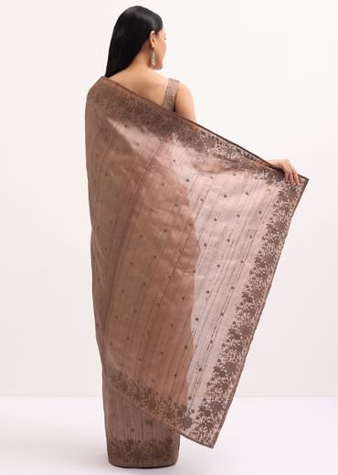 Brown Resham Work Tussar Saree With Unstitched Blouse