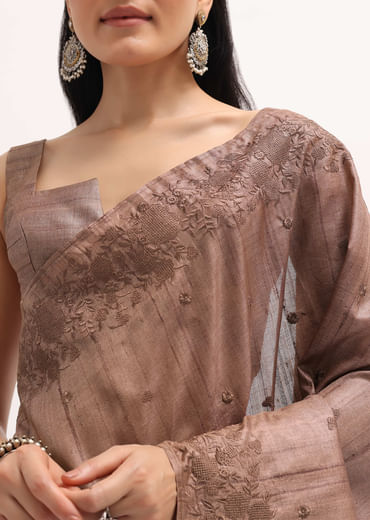 Brown Resham Work Tussar Saree With Unstitched Blouse