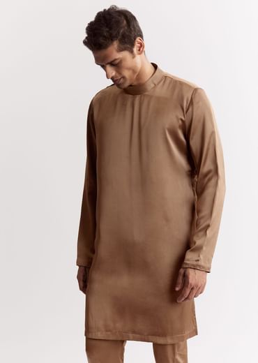 Brown Satin Jacket Kurta Set With Metal Accents
