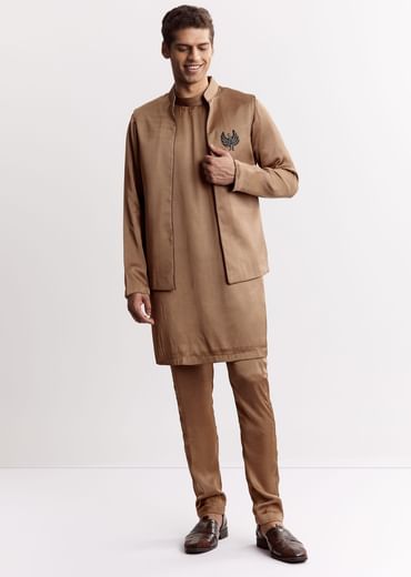 Brown Satin Jacket Kurta Set With Metal Accents