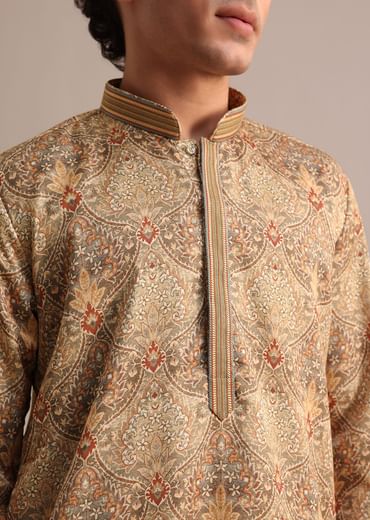 Brown Satin Printed Kurta Set For Men