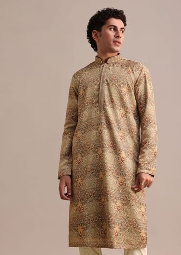 Brown Satin Printed Kurta Set For Men