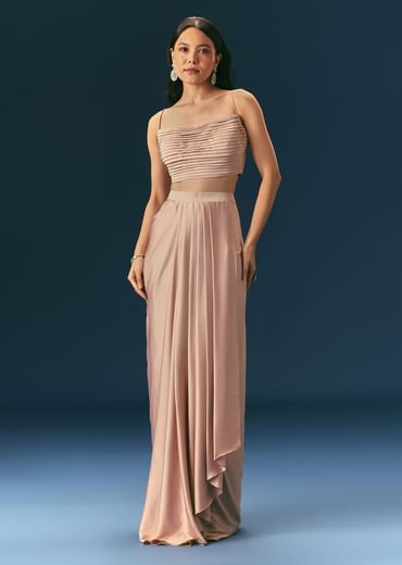 Brown Scallop Embroidered Cape With Bustier And Draped Skirt