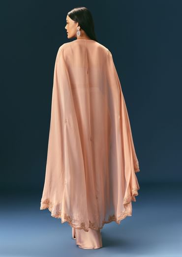 Brown Scallop Embroidered Cape With Bustier And Draped Skirt