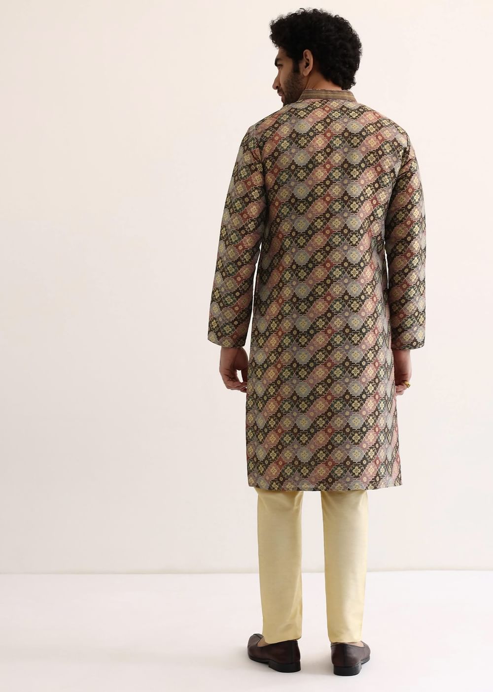 Brown Silk Printed Kurta Set For Men