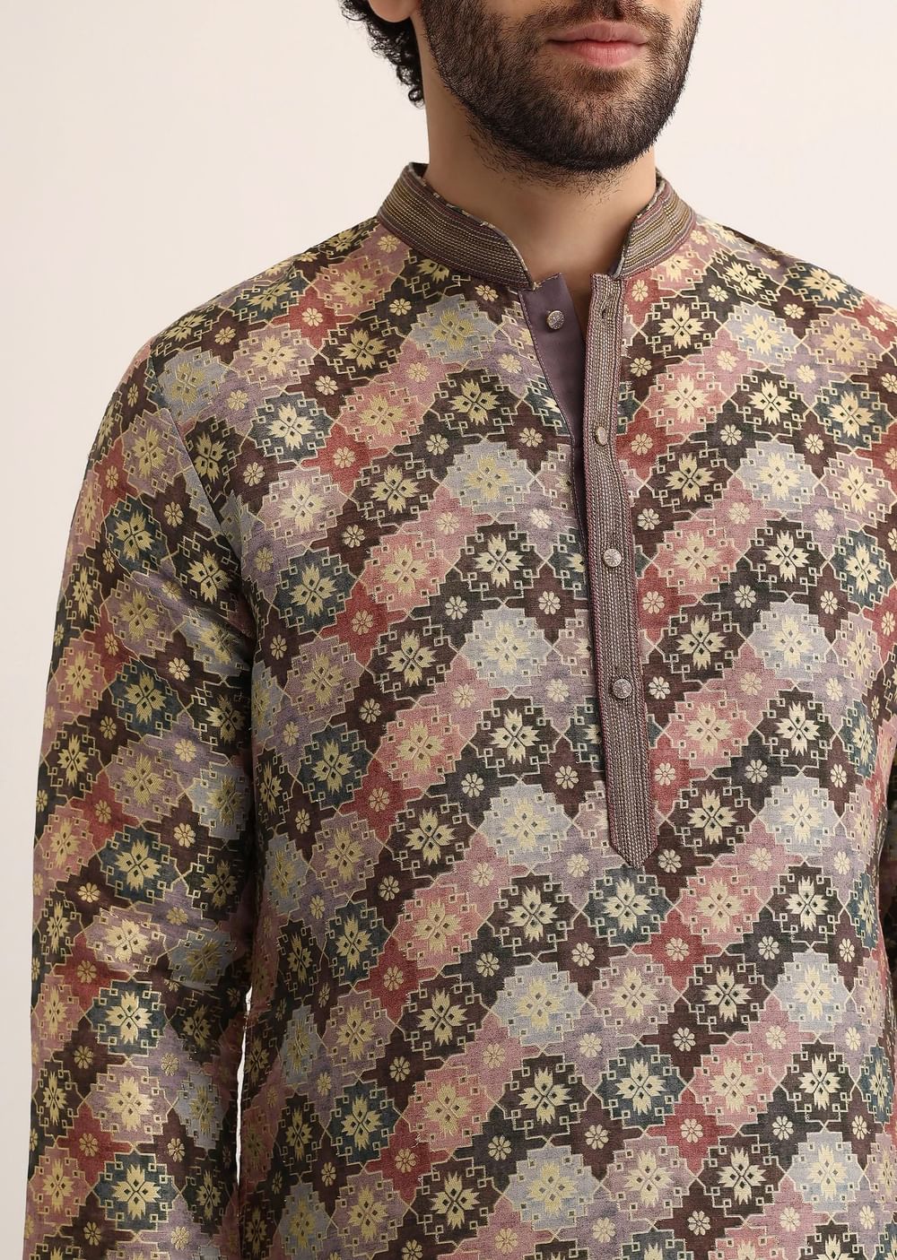 Brown Silk Printed Kurta Set For Men