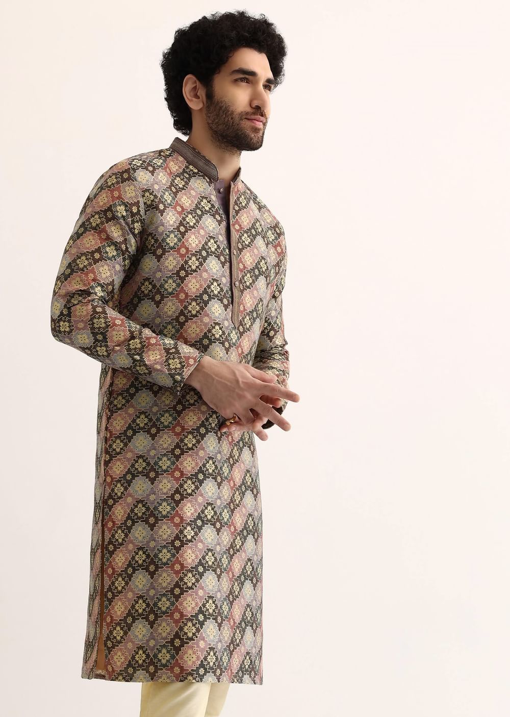 Brown Silk Printed Kurta Set For Men