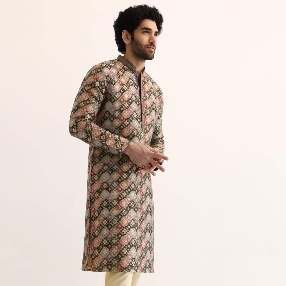 Brown Silk Printed Kurta Set For Men