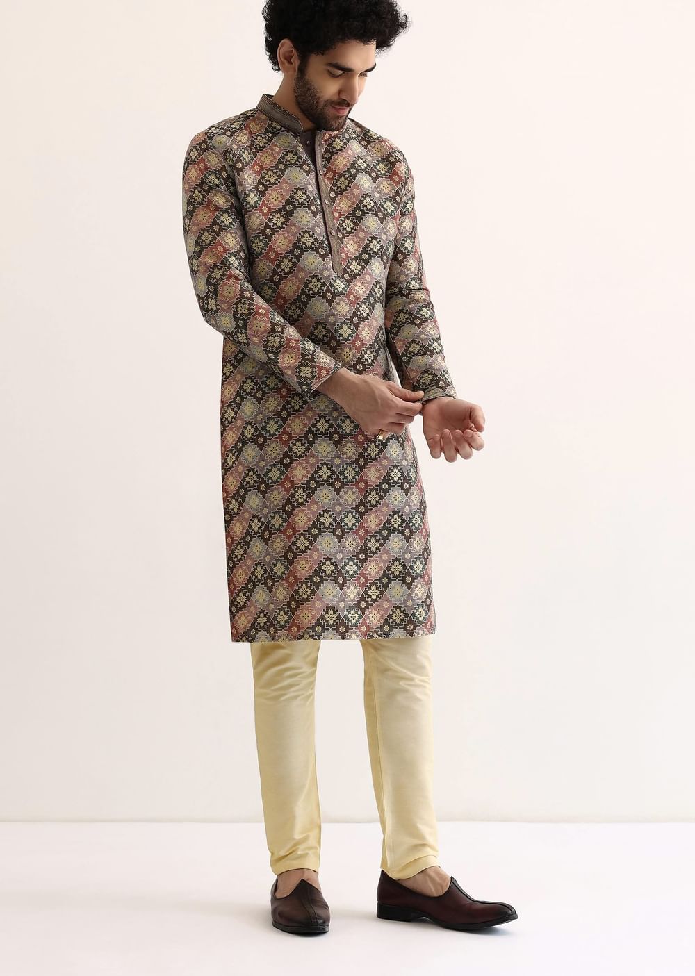 Brown Silk Printed Kurta Set For Men