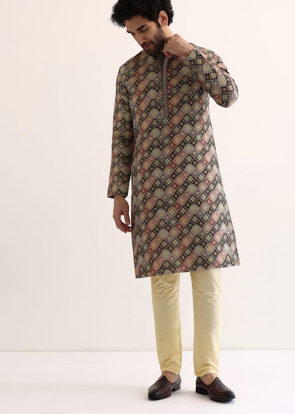 Brown Silk Printed Kurta Set For Men