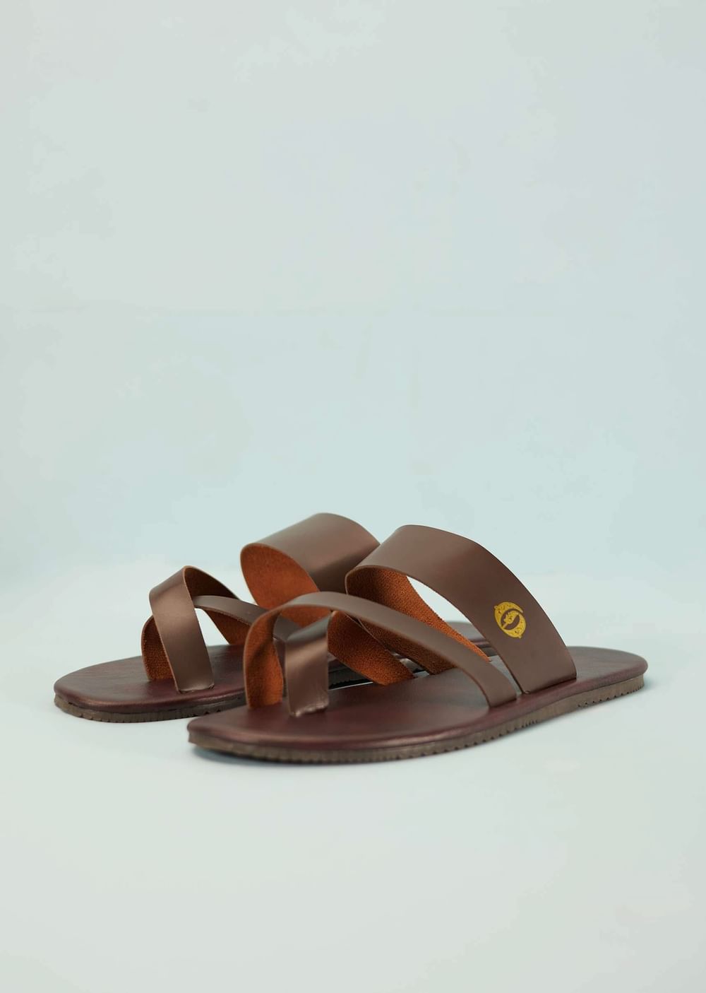 Dark Brown Strappy Slides For Men In Leather With Buttons