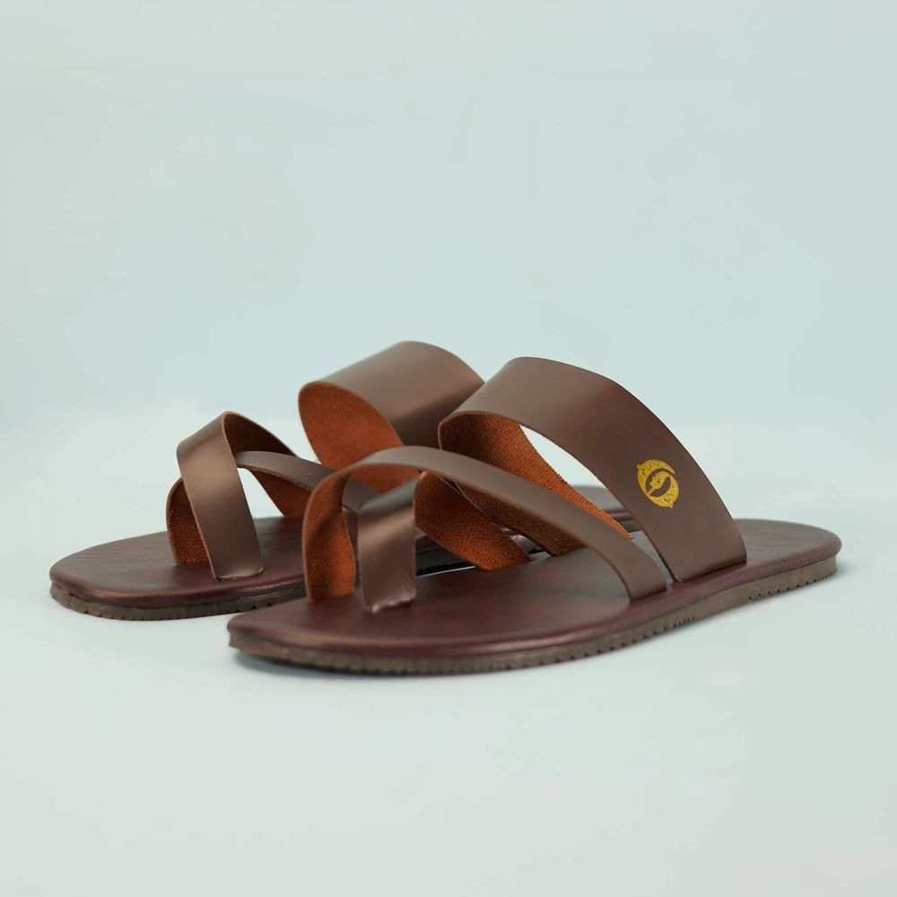 Dark Brown Strappy Slides For Men In Leather With Buttons