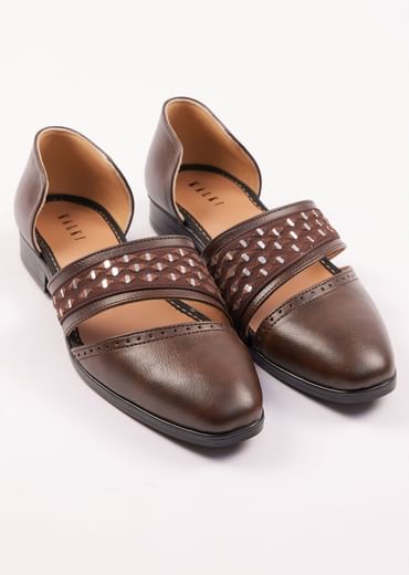 Brown Suede Juttis With Mirror Work