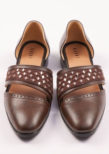 Brown Suede Juttis With Mirror Work