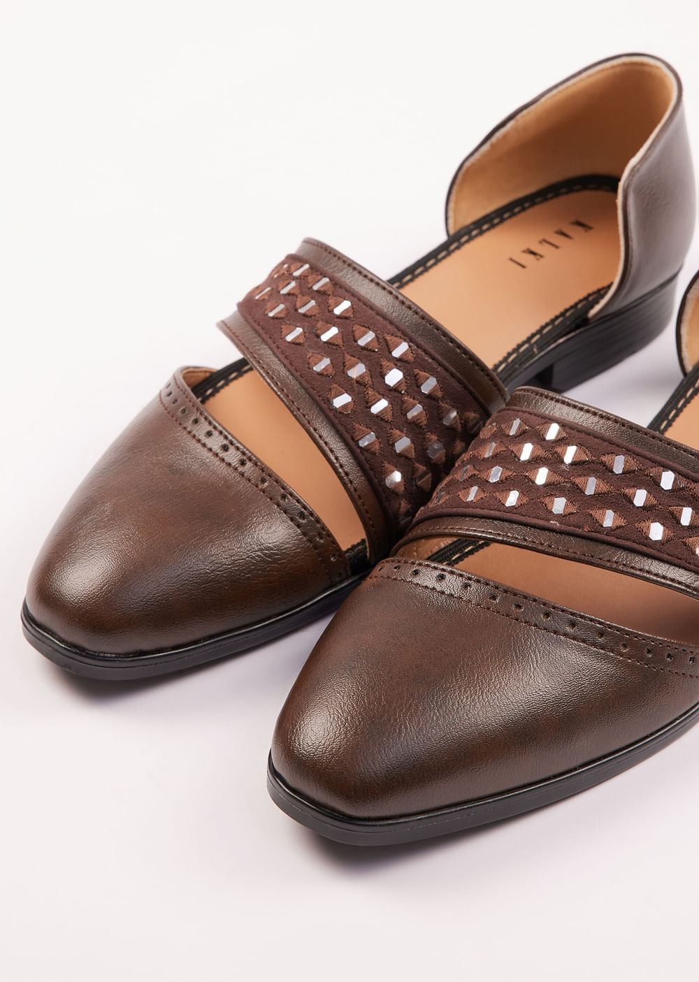 Brown Suede Juttis With Mirror Work