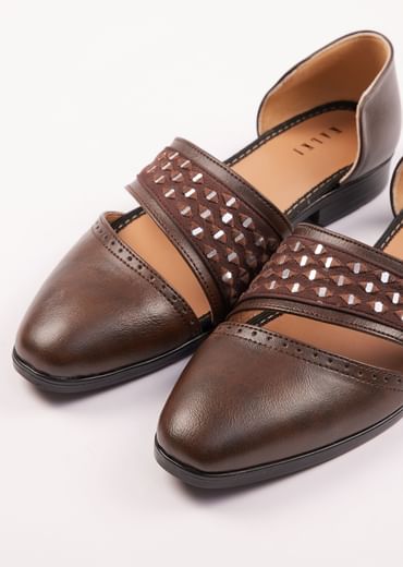 Brown Suede Juttis With Mirror Work