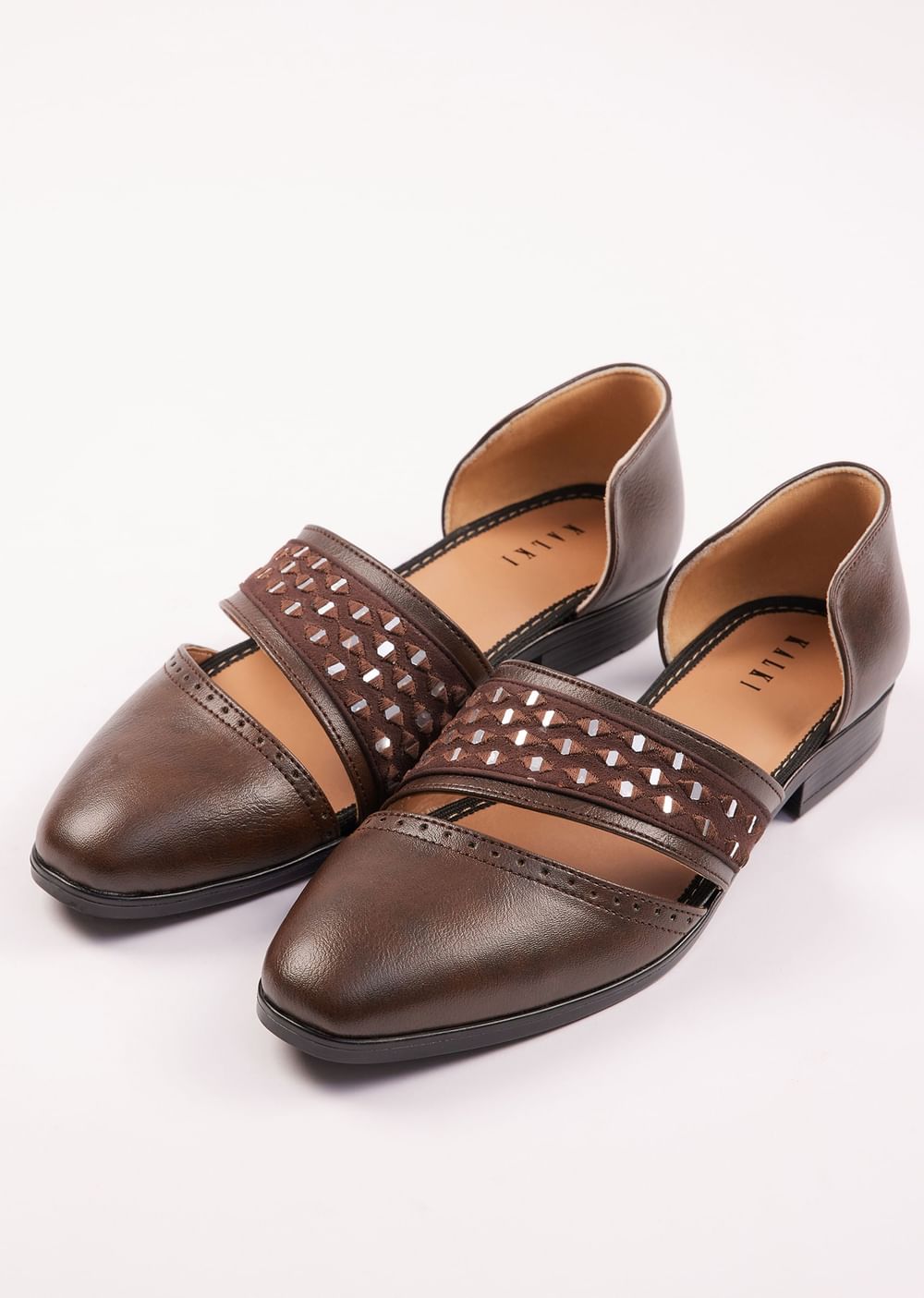 Brown Suede Juttis With Mirror Work