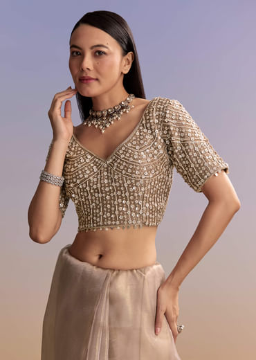 Brown Tissue Embroidered Saree With Resham And Sequin Work