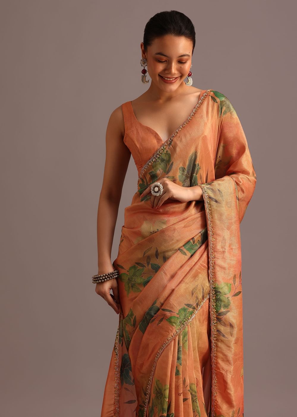 Brown Tissue Silk Printed Saree With Cutdana Embroidered Border And Unstitched Blouse