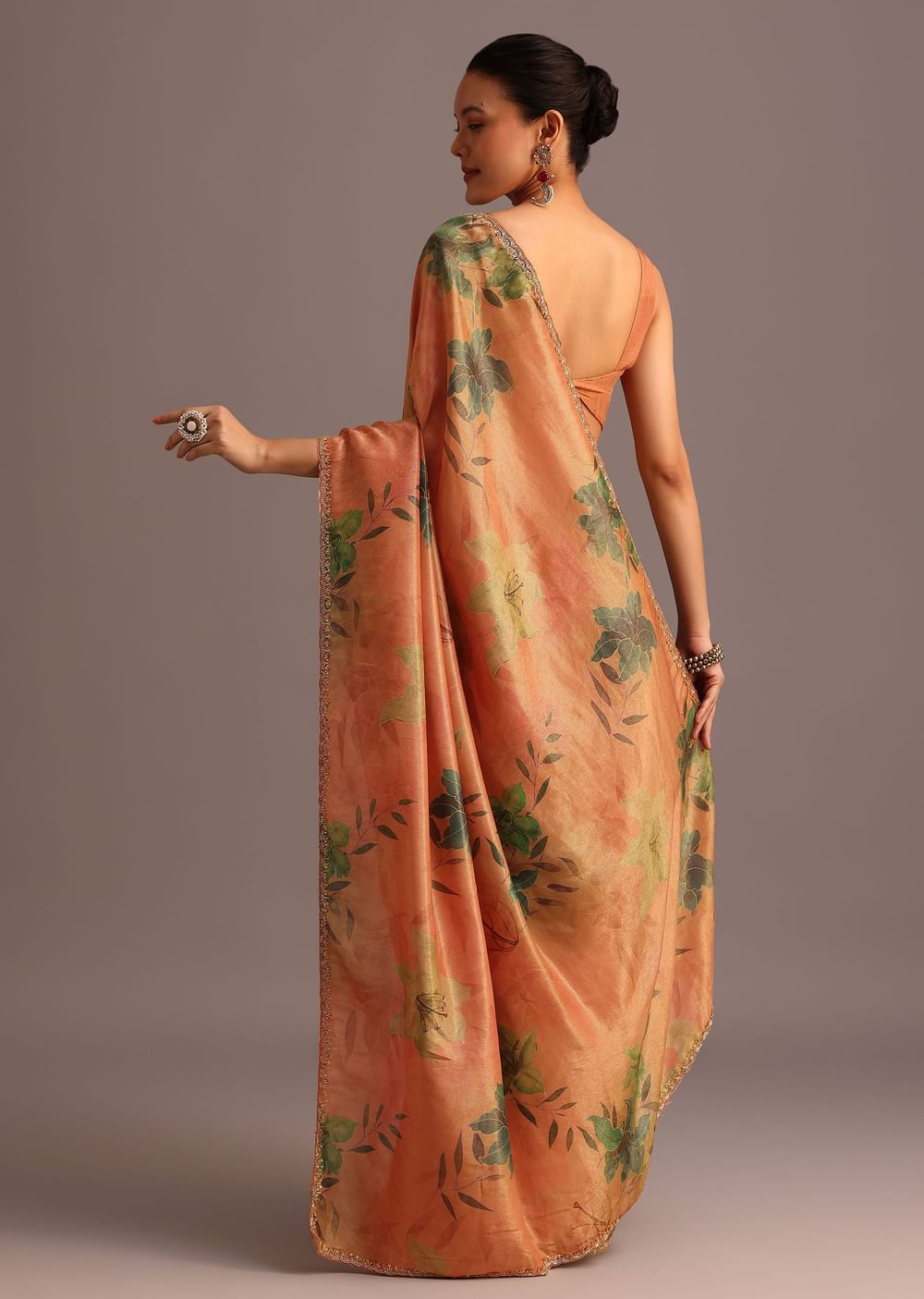 Brown Tissue Silk Printed Saree With Cutdana Embroidered Border And Unstitched Blouse