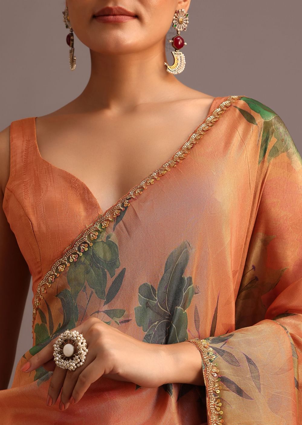 Brown Tissue Silk Printed Saree With Cutdana Embroidered Border And Unstitched Blouse