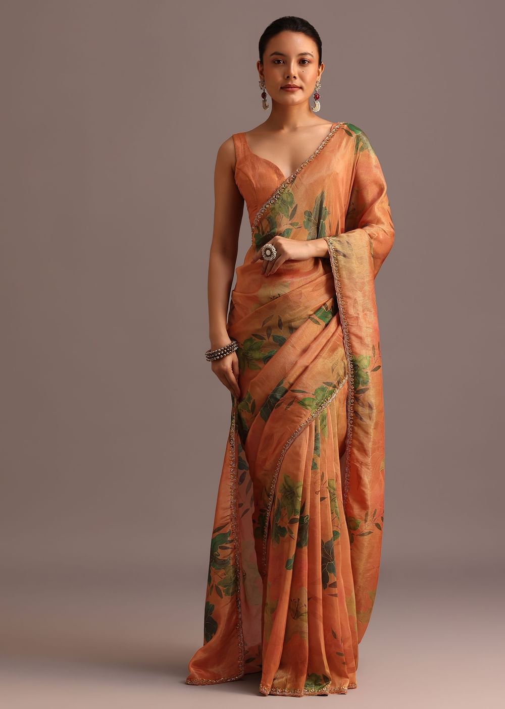 Brown Tissue Silk Printed Saree With Cutdana Embroidered Border And Unstitched Blouse