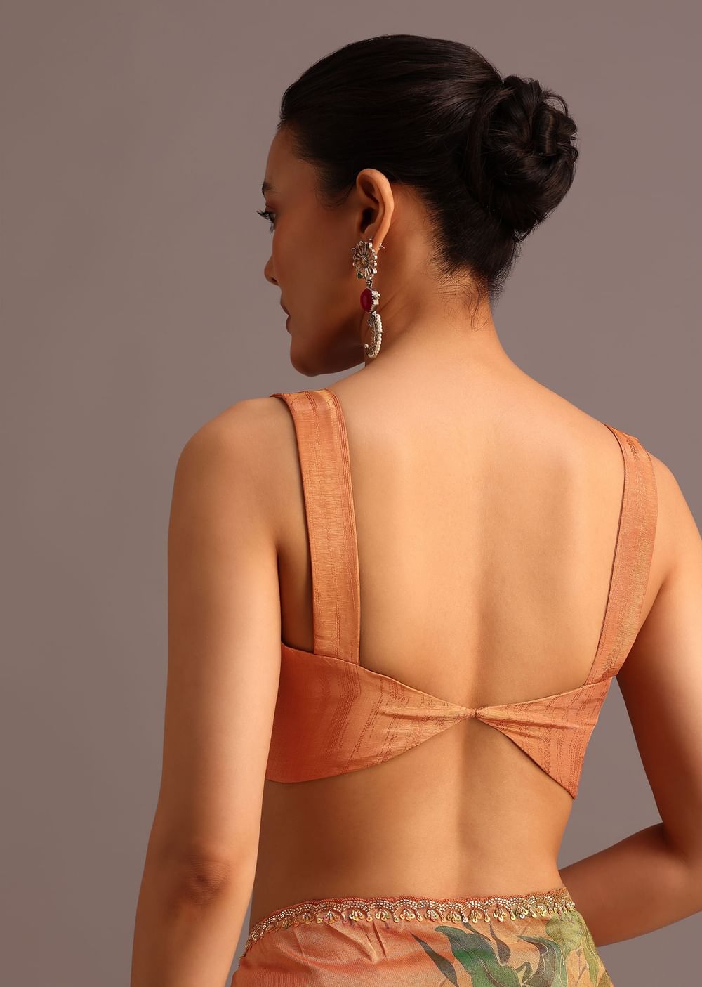 Brown Tissue Silk Printed Saree With Cutdana Embroidered Border And Unstitched Blouse