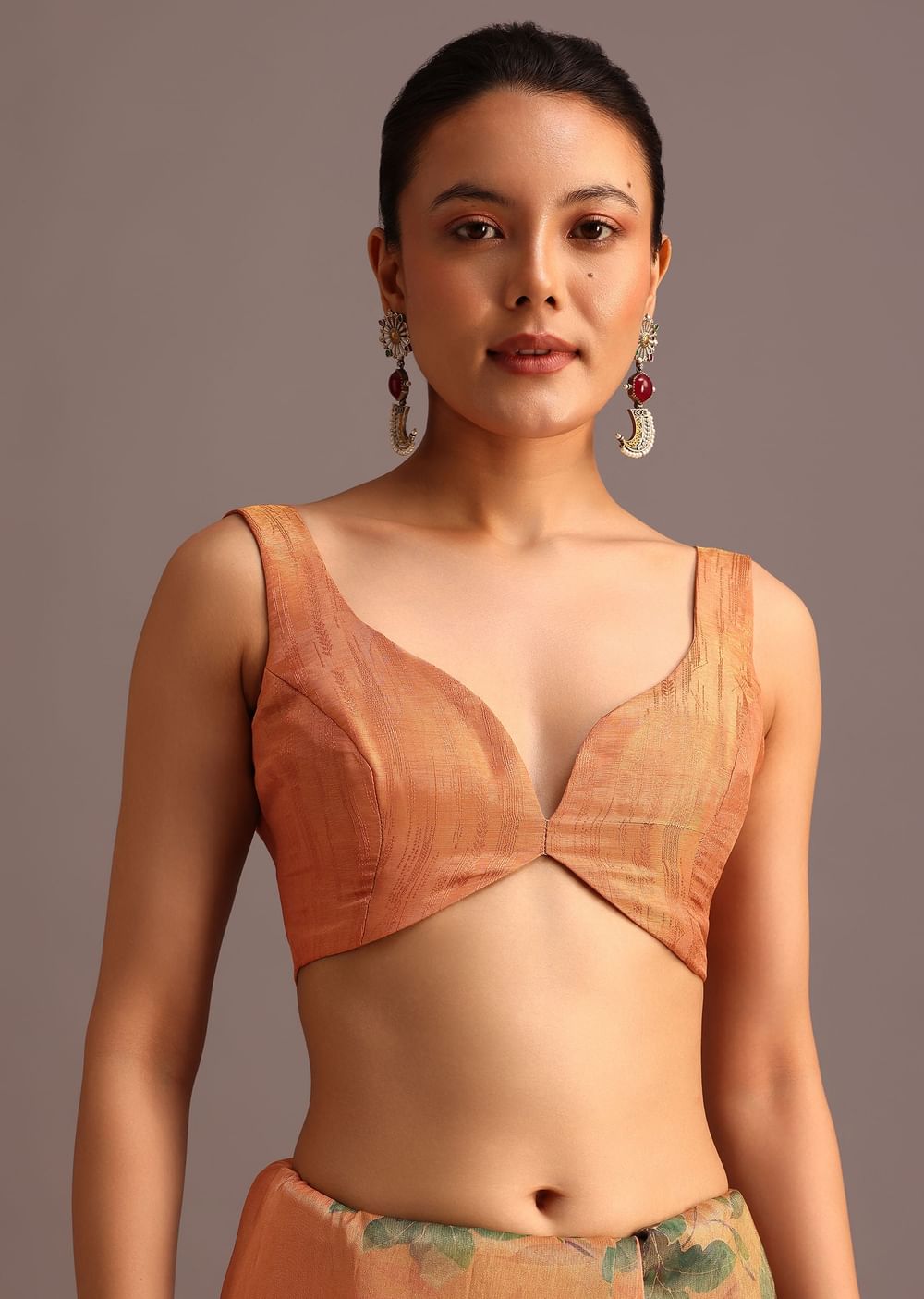 Brown Tissue Silk Printed Saree With Cutdana Embroidered Border And Unstitched Blouse