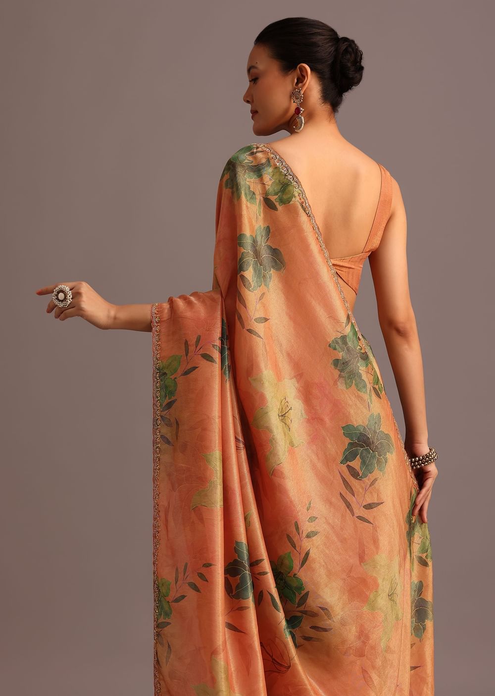 Brown Tissue Silk Printed Saree With Cutdana Embroidered Border And Unstitched Blouse