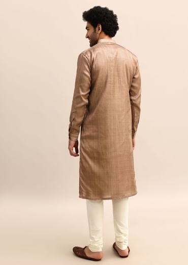 Brown Tussar Silk Plain Kurta Pyjama For Men