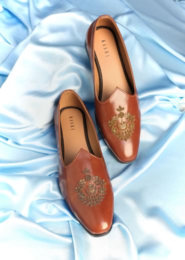 Brown Vegan Leather Jutti With Zardosi Work