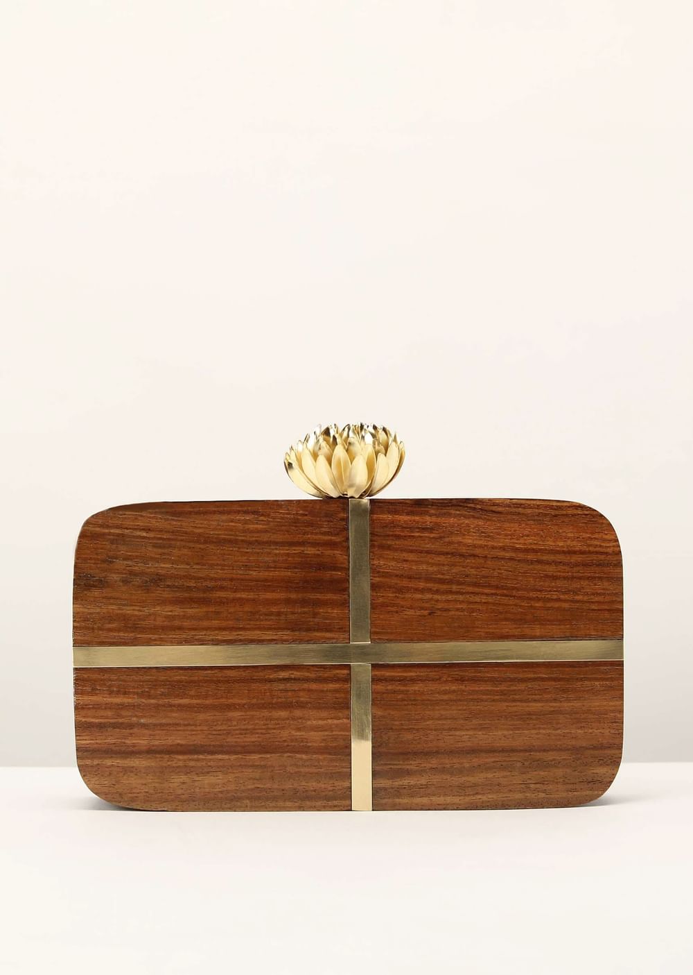 Brown Wood Box Clutch With Rounded Edges And Metal Accented Cross
