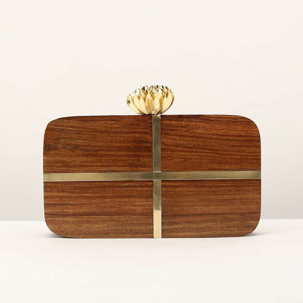 Brown Wood Box Clutch With Rounded Edges And Metal Accented Cross