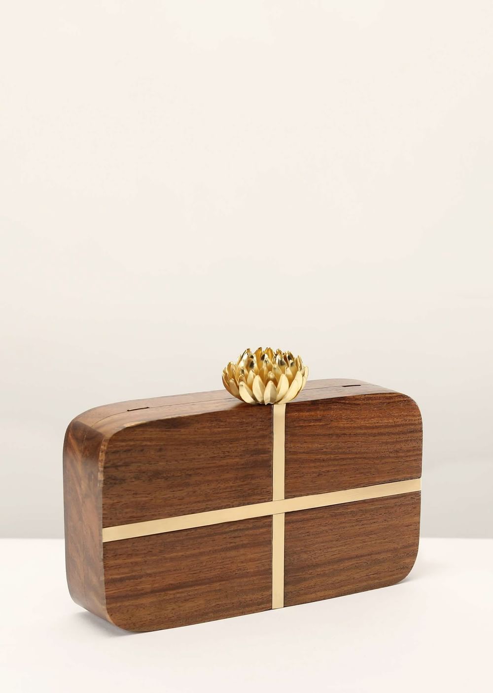 Brown Wood Box Clutch With Rounded Edges And Metal Accented Cross