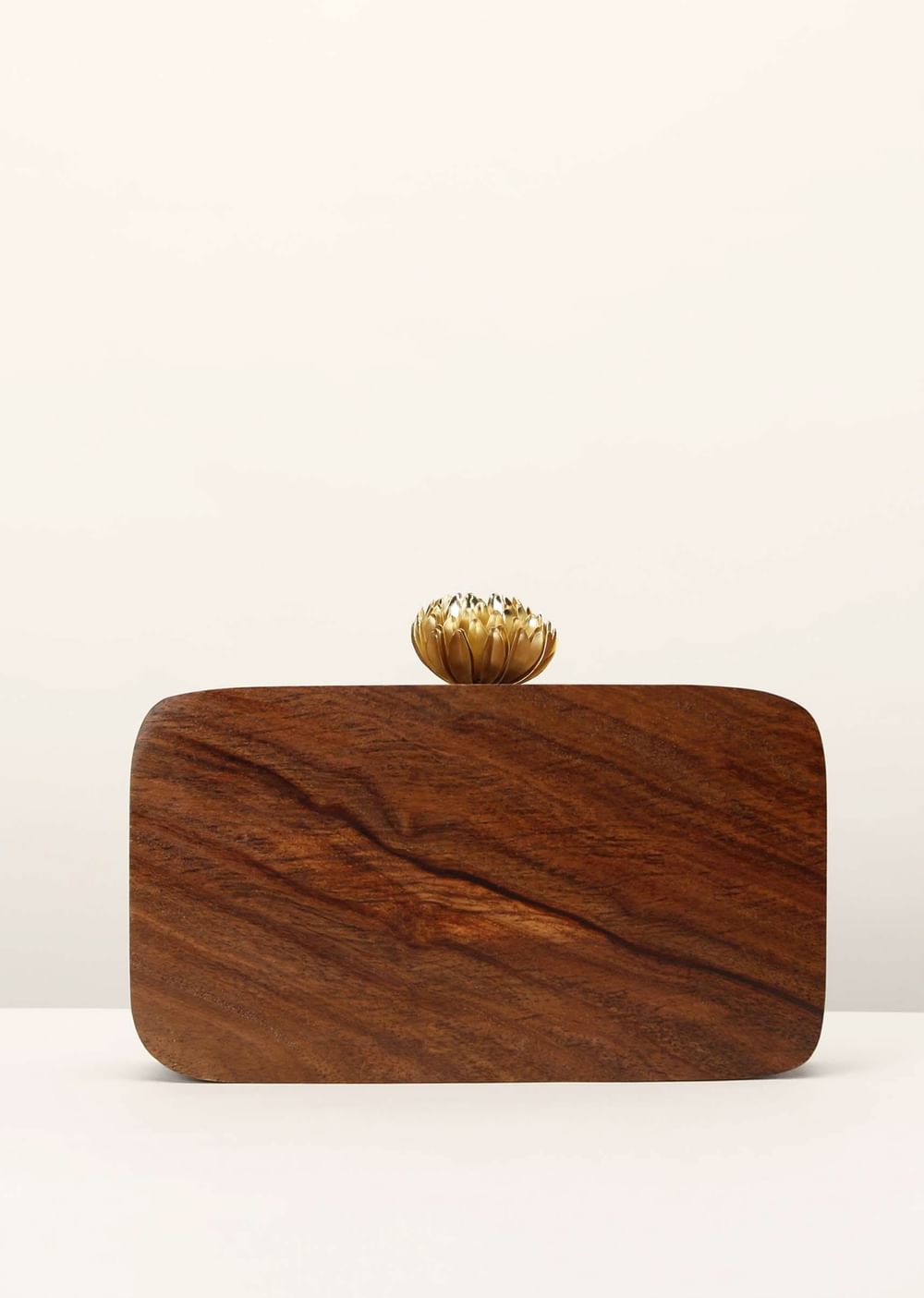 Brown Wood Box Clutch With Rounded Edges And Metal Accented Cross