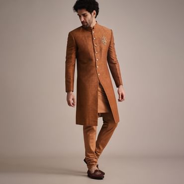 Brown Zari Embroidered Sherwani Suit With Mandarin Collar
