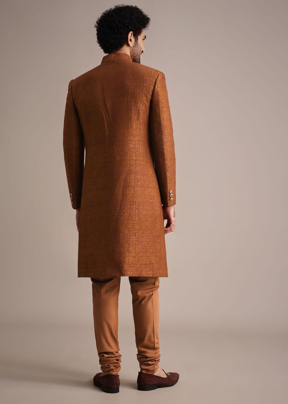 Brown Zari Embroidered Sherwani Suit With Mandarin Collar