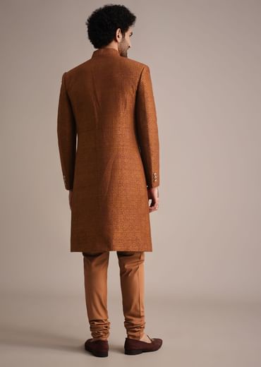 Brown Zari Embroidered Sherwani Suit With Mandarin Collar