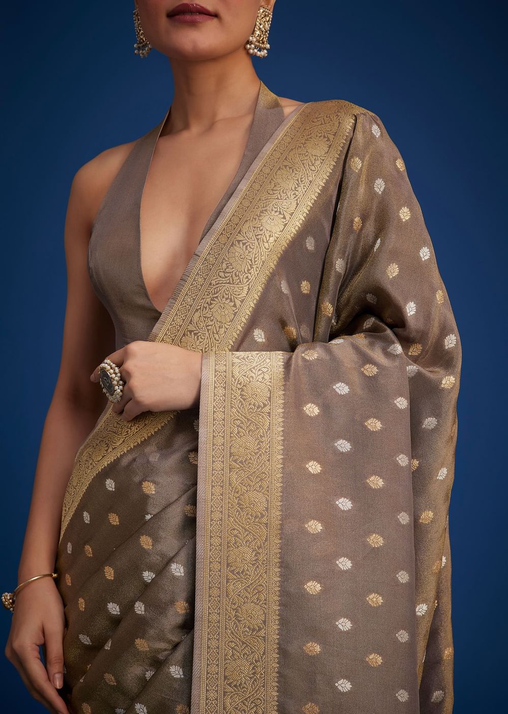 Brownish Grey Tissue Silk Saree With Zari Border And Butti Work