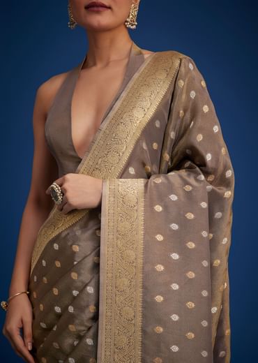 Brownish Grey Tissue Silk Saree With Zari Border And Butti Work