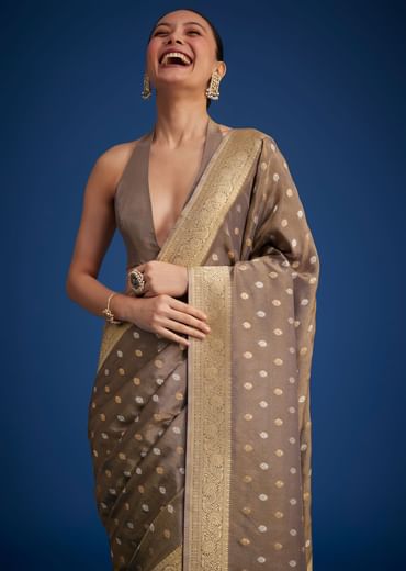 Brownish Grey Tissue Silk Saree With Zari Border And Butti Work