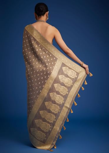 Brownish Grey Tissue Silk Saree With Zari Border And Butti Work