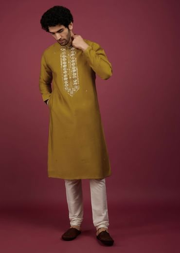 Yellow Silk Kurta Set In Leather Work On Yoke