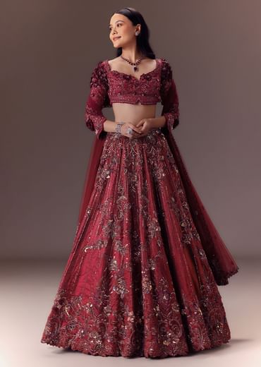 Burgandy Wine Organza Lehenga Set