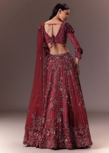 Burgandy Wine Organza Lehenga Set