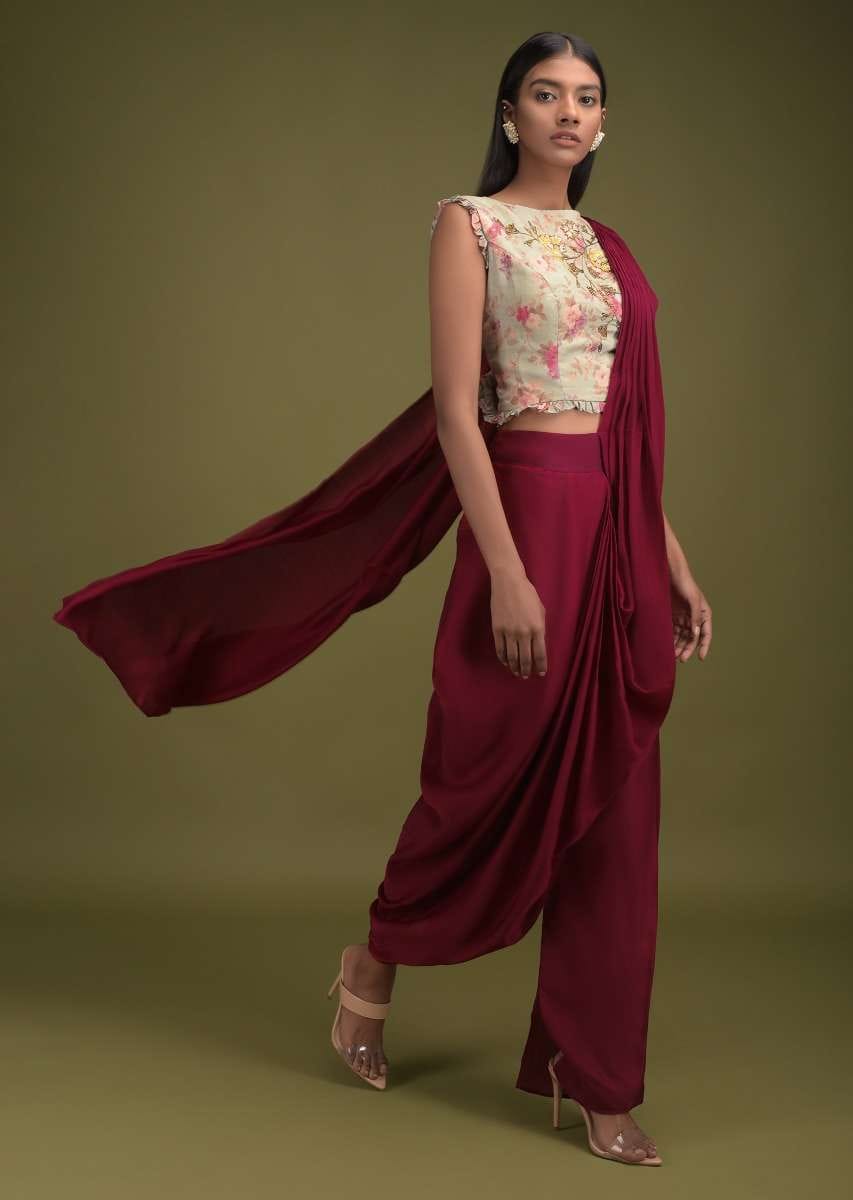 Buy Burgundy Dhoti Saree In Silk Blend And Leisure Green Floral