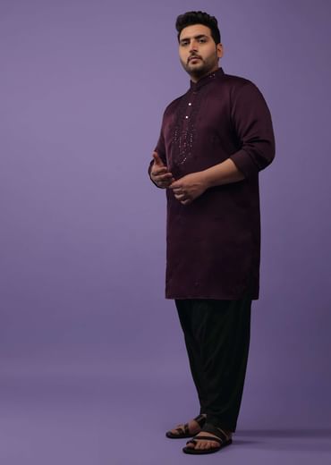 Burgundy Purple Lucknowi Embroidered Kurta In Mini Silk